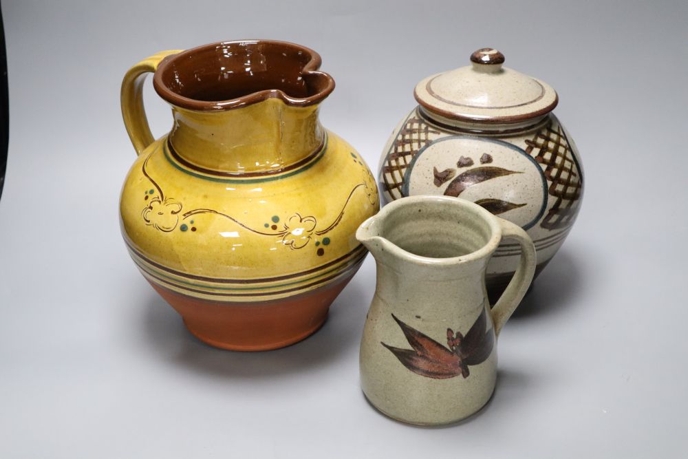 Two studio pottery jugs, one by Paul Barron of Farnham and a lidded jar, by Jonathan Chiswell Jones of Hankham